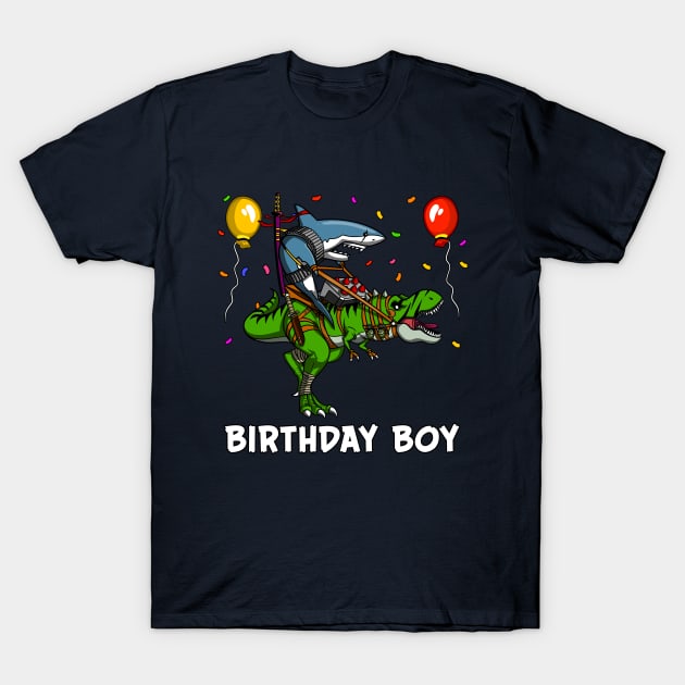 Birthday Boy Shark Ninja Riding Dinosaur T-Shirt by underheaven